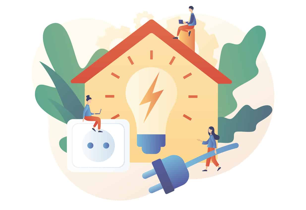 A cartoon image of a house with an oversized lightbulb inside of it surrounded by people doing various tasks with electrical objects.